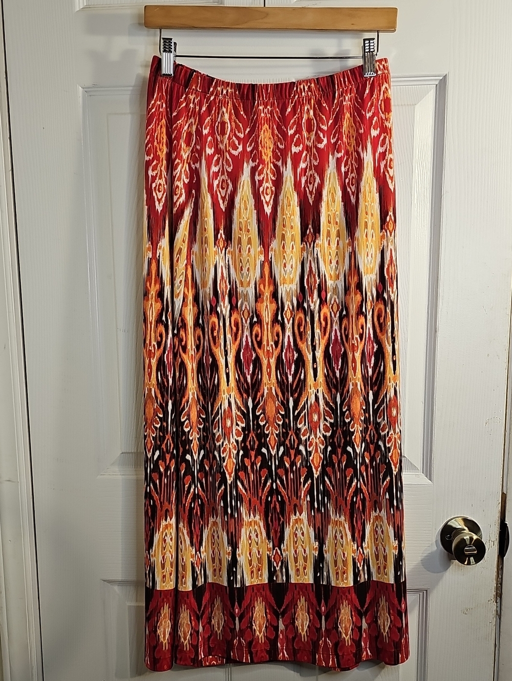 Chico's Red Multi-Pattern Maxi Skirt with Orange and Yellow Accents